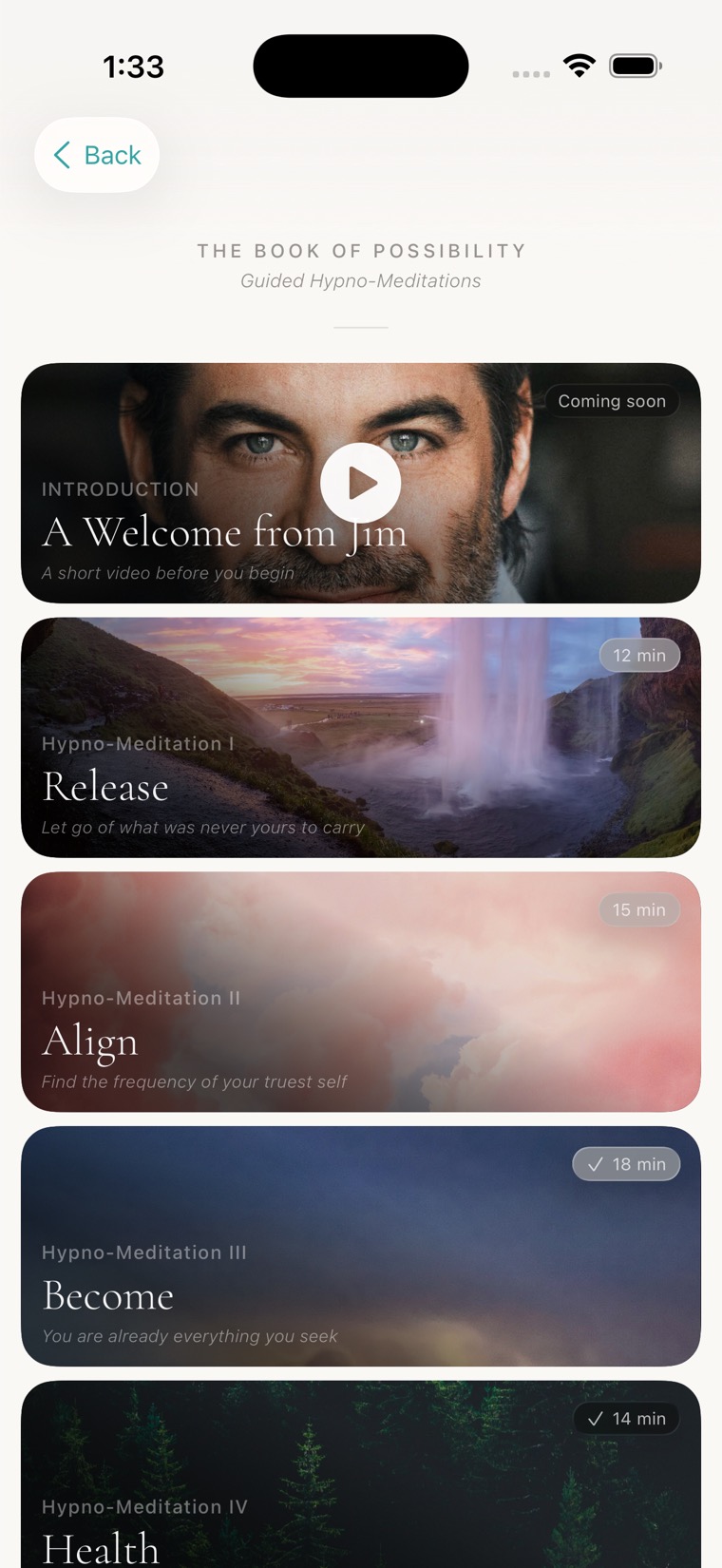 The Book Companion gallery in the app: A Welcome from Jim, then the Release, Align, and Become hypno-meditations